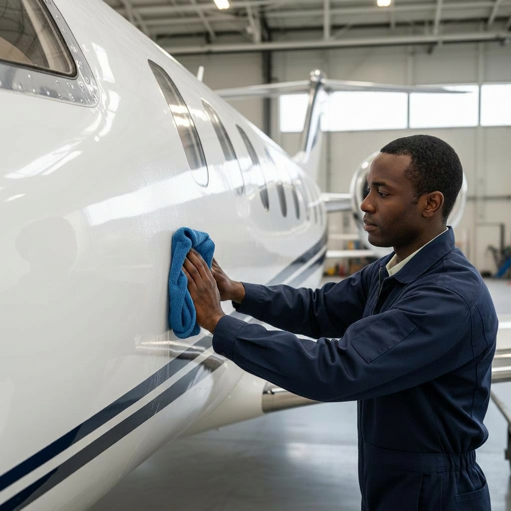 Technician detailing a private jet