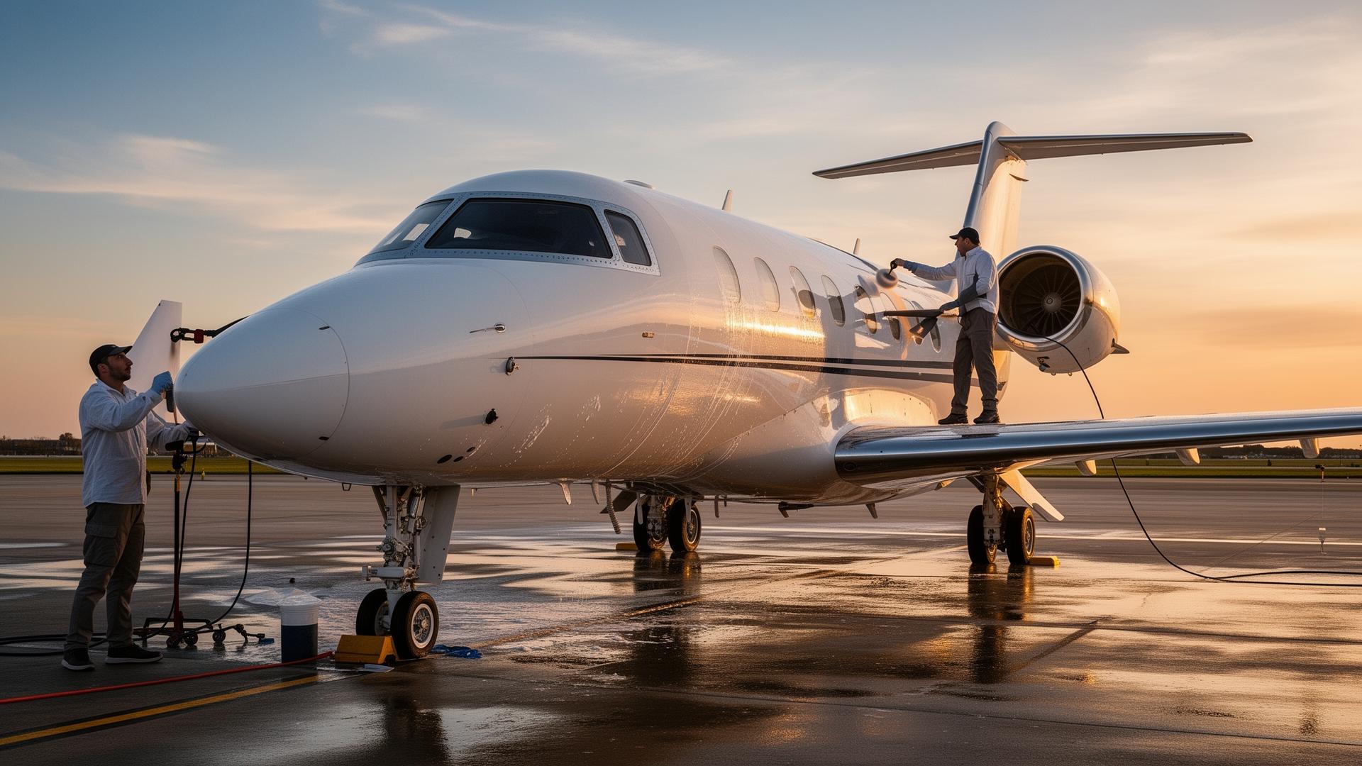 Private jet being detailed at sunset